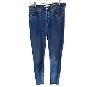 Re/Done Hi Rise Ankle Crop Frayed Jeans Wmn's Sz 29 Dark Wash Button Fly Skinny